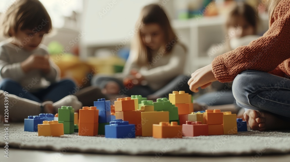 Preschool children sitting on classroom carpet, collaborating with colorful building blocks, developing creative skills and social interaction through playful learning