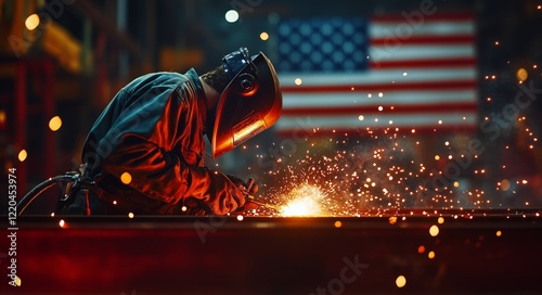 Skilled welder working on metal fabrication in industrial workshop with American flag backdrop