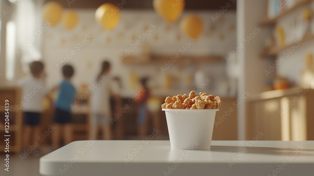 Paper cup overflowing with caramel corn puffs resting on kitchen table, daycare center bustling with children and teachers in bright background
