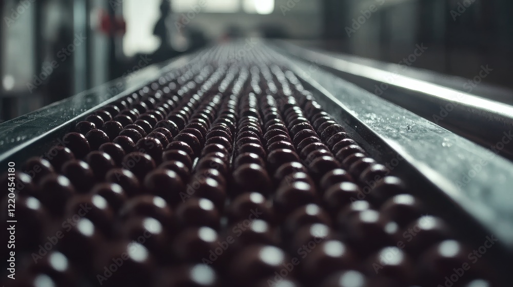 Close-up of a conveyor belt filled with chocolate balls in a factory setting, showcasing production Close-up of a conveyor belt filled with chocolate balls in a factory setting, showcasing production