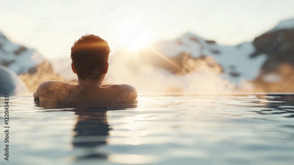 Relaxing tourist soaking in steamy hot spring, snow capped mountain landscape glowing under soft sunset light, peaceful wilderness moment
