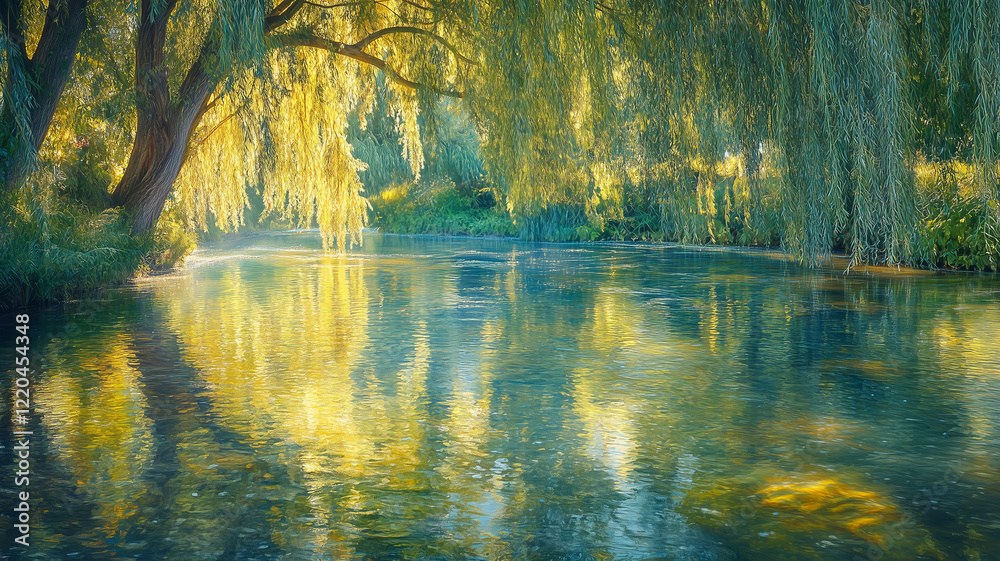Fototapeta premium Golden Sunlight Reflecting on a Tranquil Pond