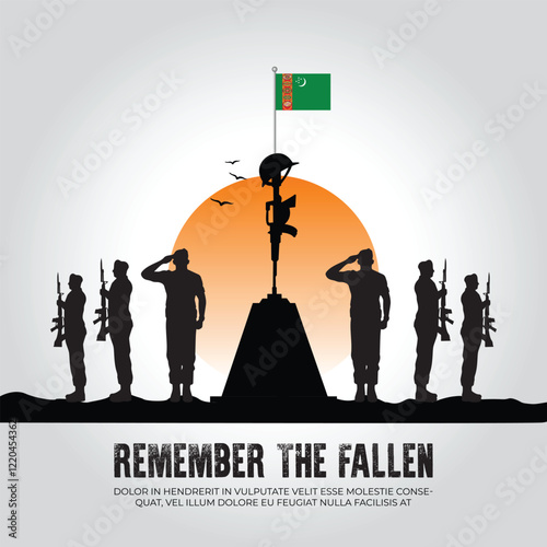 Turkmenistan flag in remember the fallen flag for morning sun and army design
