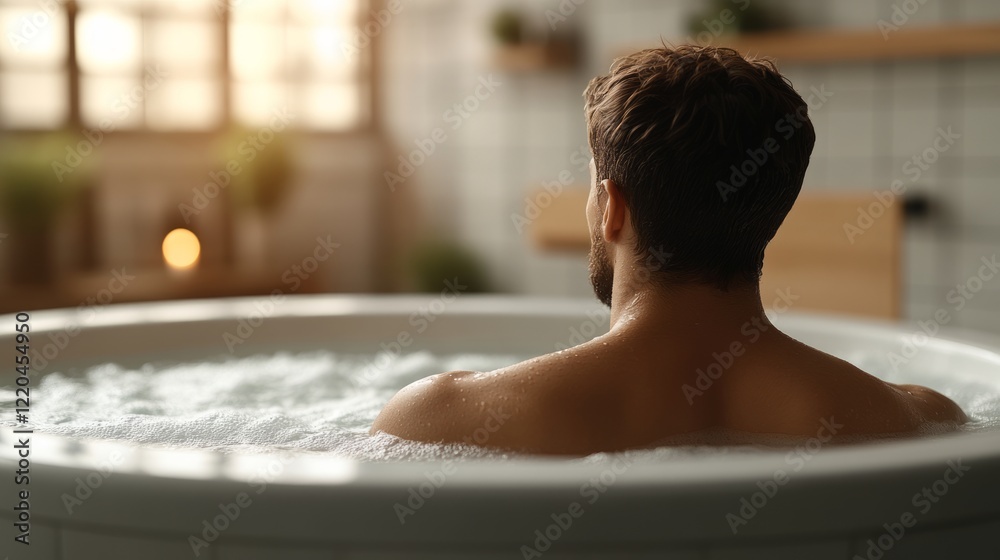 Man relaxing in modern spa jacuzzi, surrounded by foamy bubbles, sunlight streaming through nearby window, embodying serene wellness and luxury