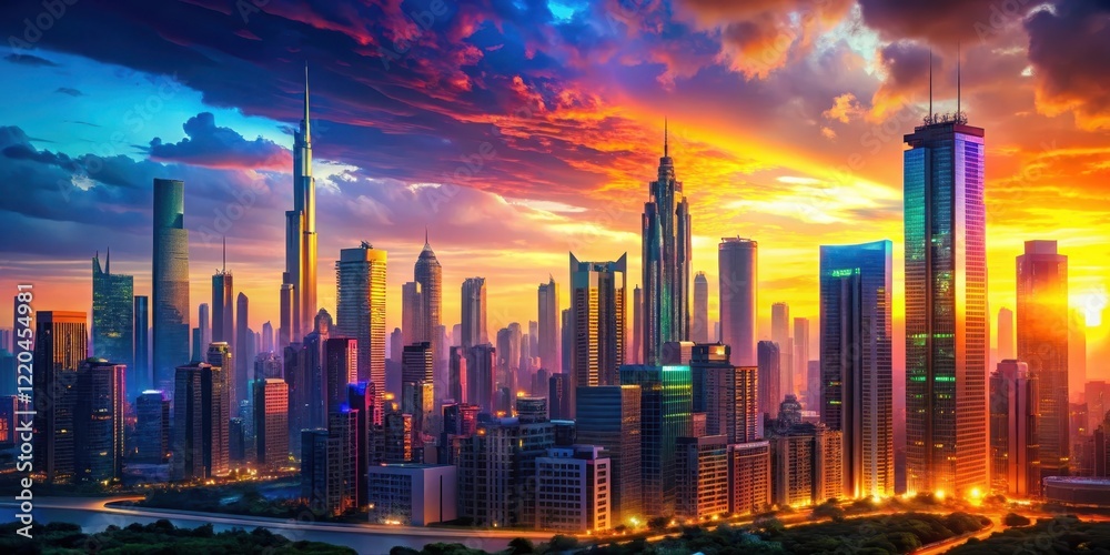 Fototapeta premium Vibrant multicolored title on a futuristic cityscape at sunset, colorful text , sunset