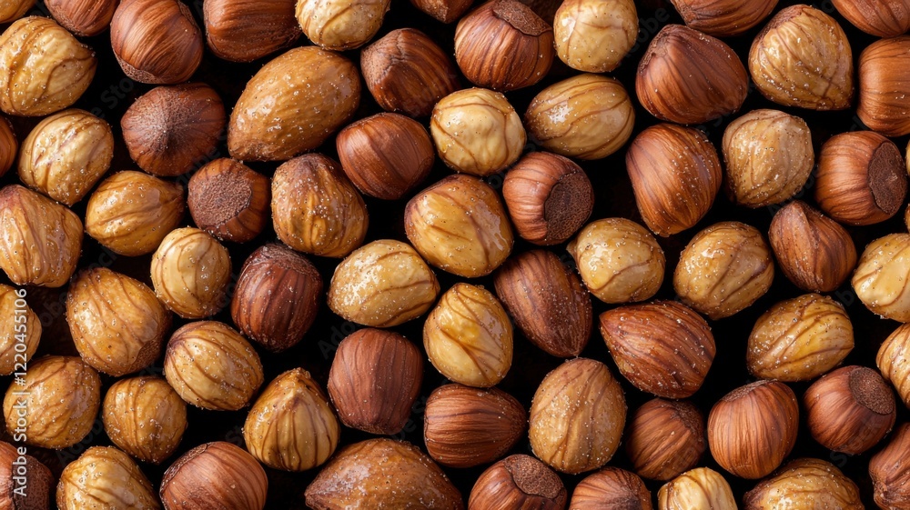 A close-up view of various hazelnuts, showcasing their rich, brown shells and distinct textures, arranged neatly on a dark surface. A close-up view of various hazelnuts, showcasing their rich, brown shells and distinct textures, arranged neatly on a dark surface.