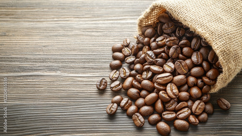 Fototapeta premium A burlap sack spills roasted coffee beans onto a wooden surface, showcasing their rich brown color and texture.