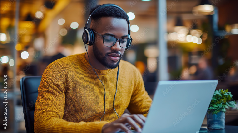 Fototapeta premium Focused man with headset working on laptop in cafe