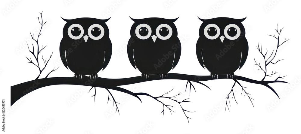 Fototapeta premium PNG Three owls sitting on a branch at night