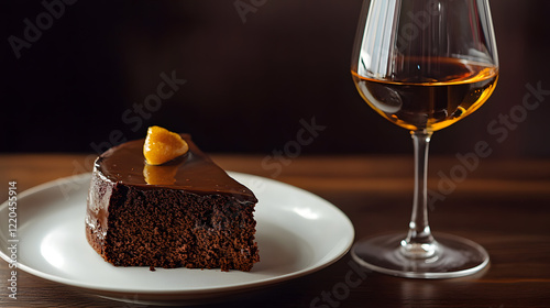 A rich chocolate cake with a molten middle, paired with a glass of sweet dessert wine for the perfect indulgence. photo