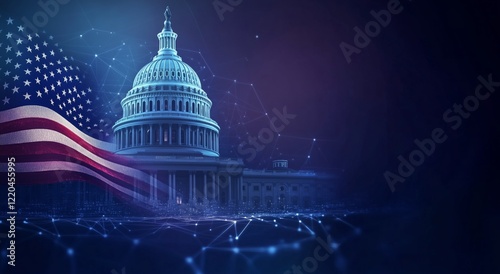 Capitol building with American flag displaying digital connections and technology in a modern design
