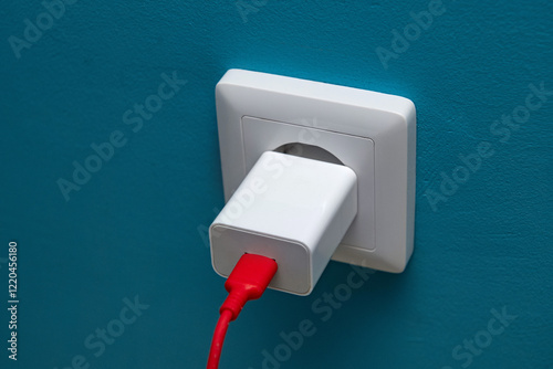 White phone charger with a red cable is plugged into a white outlet on a cyan-painted wall.