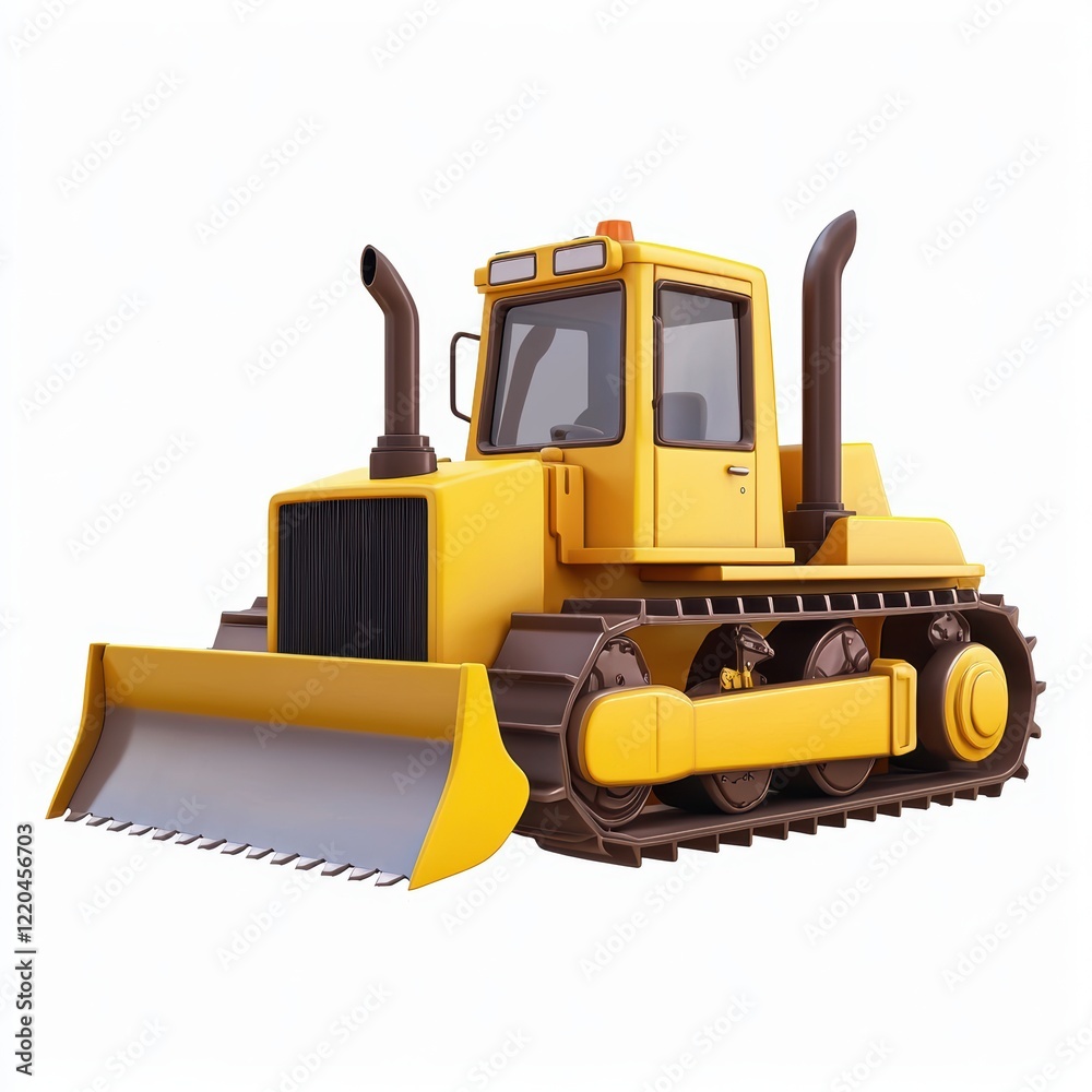 Obraz premium 3D icon cartoon bulldozer with a steel blade, isolated on a white background