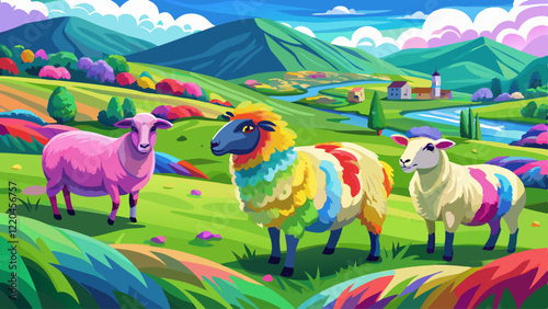 Sheep marked with colorful dye grazing in green pastures of Ireland