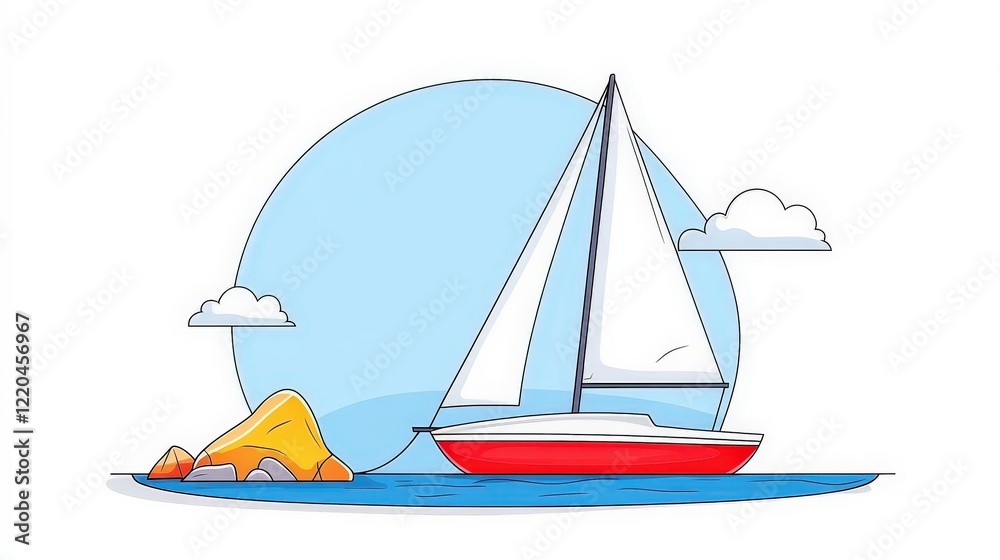 Fototapeta premium Sailing Boat Illustration with Rock and Clouds in Minimalist Style