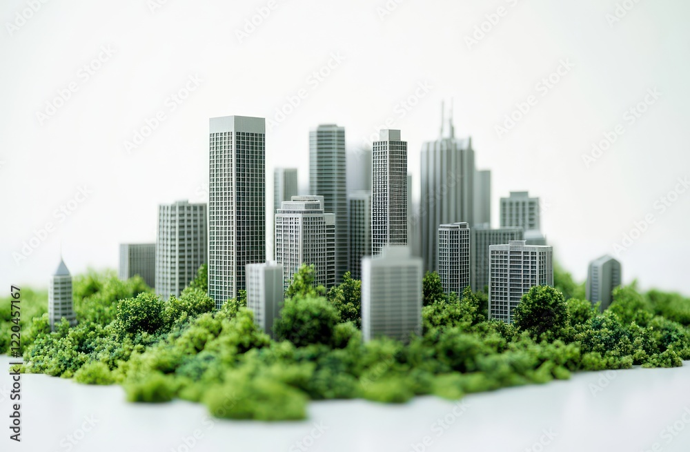 Fototapeta premium a green plant growing on a city model with skyscrapers, isolated over a white background.