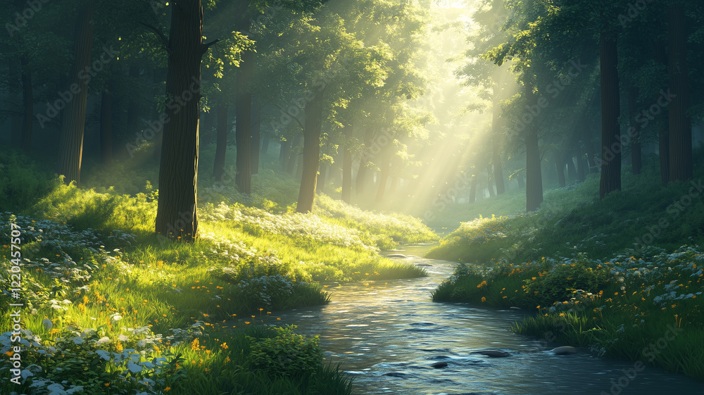 Obraz premium Sunlit Forest Path with Stream and Flowers