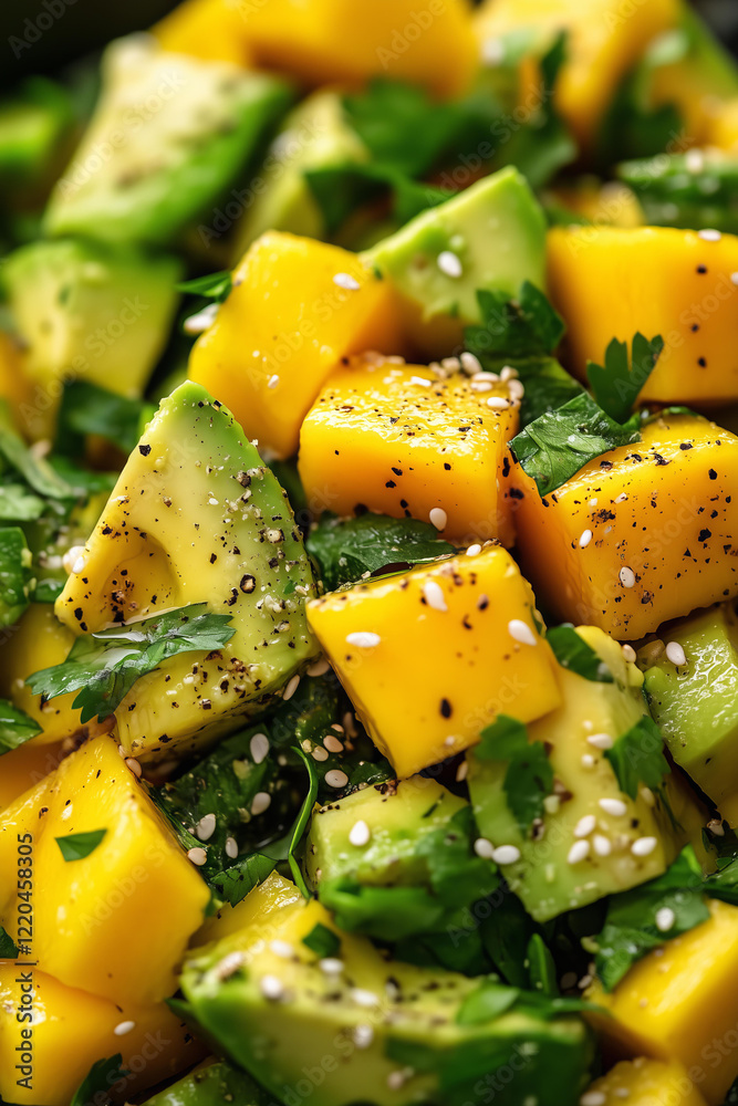 close-up of a fresh and vibrant salad featuring ripe mango and creamy avocado cubes, topped with fresh herbs and a sprinkle of sesame seeds. close-up of a fresh and vibrant salad featuring ripe mango and creamy avocado cubes, topped with fresh herbs and a sprinkle of sesame seeds.