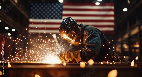 Welder at work in industrial space with American flag background producing sparks