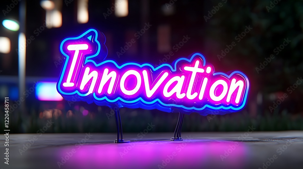 Glowing Neon Innovation Sign at Night in an Urban Setting Glowing Neon Innovation Sign at Night in an Urban Setting