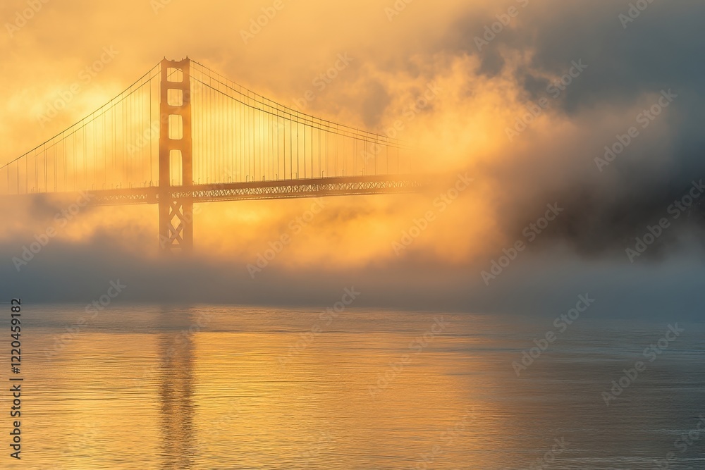 Golden gate bridge emerging from fog at sunrise in san francisco Golden gate bridge emerging from fog at sunrise in san francisco
