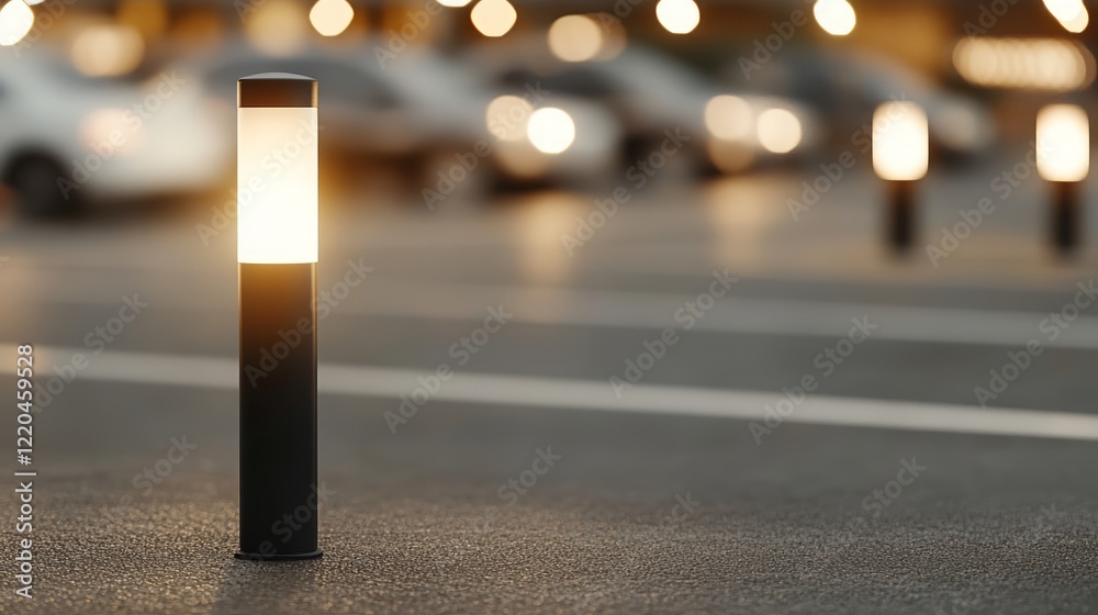 Cylindrical street lamp glowing warmly, illuminating blurred parking lot with vehicles and surrounding lamps during twilight, depicting peaceful urban evening scene