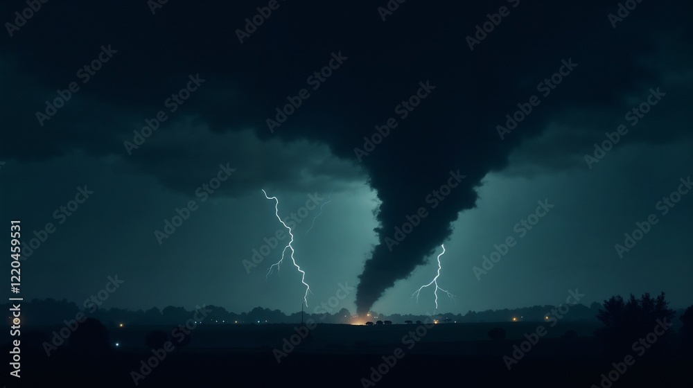 Strong tornado forms against a stormy sky illuminating the landscape with flashes of lightning during a severe weather event at night Strong tornado forms against a stormy sky illuminating the landscape with flashes of lightning during a severe weather event at night