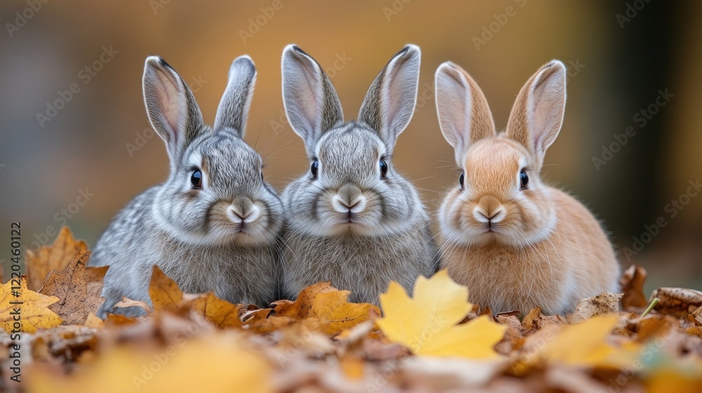 Obraz premium Three bunnies autumn leaves forest nature wildlife pet