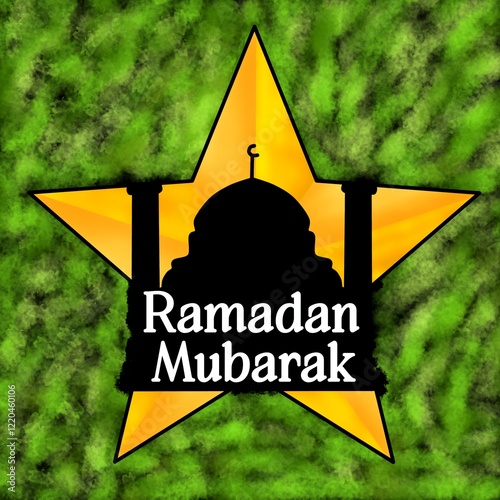 Ramadan background, star frame, mosque silhouette illustration, Hand lettering, calligraphy