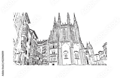 Print Building view with landmark of Burgos city in Spain. Hand drawn sketch illustration in vector.