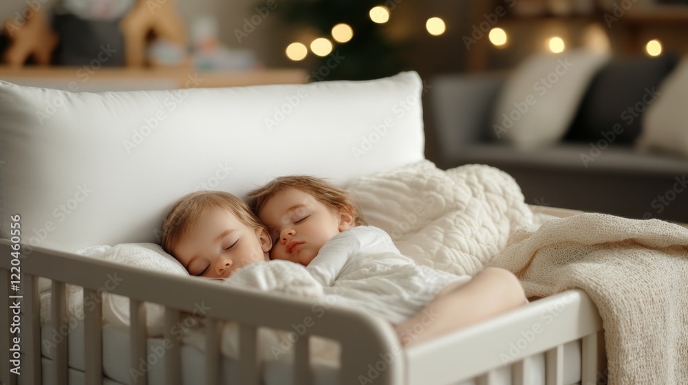 Toddlers peacefully cuddling, napping together in white crib with soft warm lighting, nurturing daycare environment