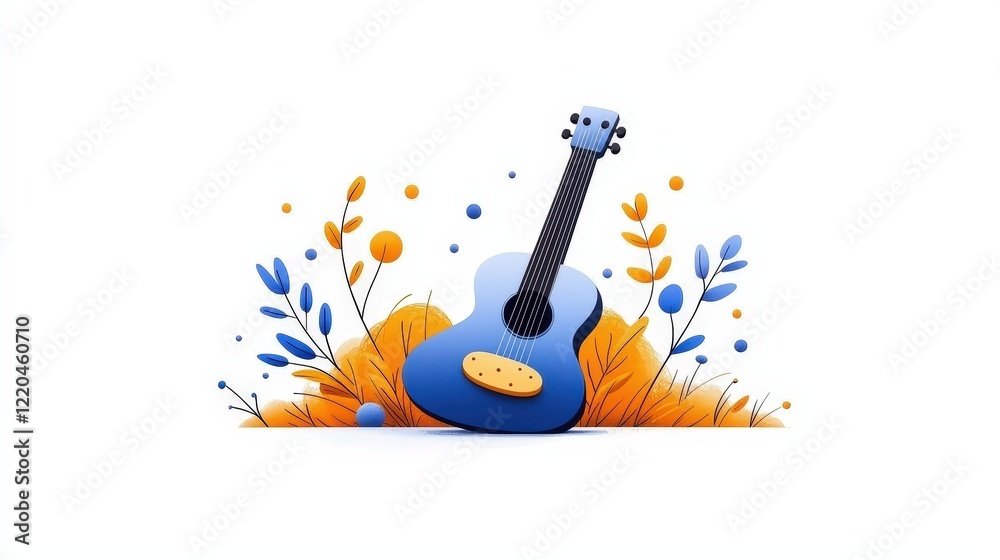 Colorful Illustration of a Blue Acoustic Guitar Surrounded by Vibrant Floral Elements and Shapes Colorful Illustration of a Blue Acoustic Guitar Surrounded by Vibrant Floral Elements and Shapes