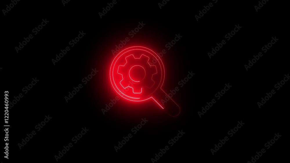 Glowing settings search icon neon line and search icon isolated on black background. Glowing settings search icon neon line and search icon isolated on black background.