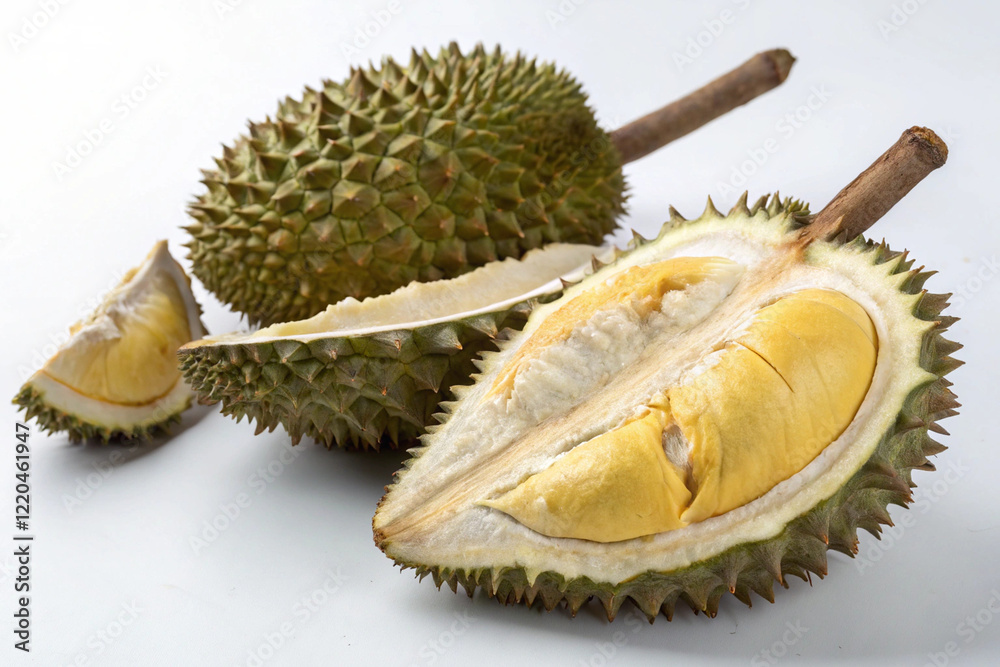 Fototapeta premium Fresh durian fruit, cut into halves, with durian pulp on a white background