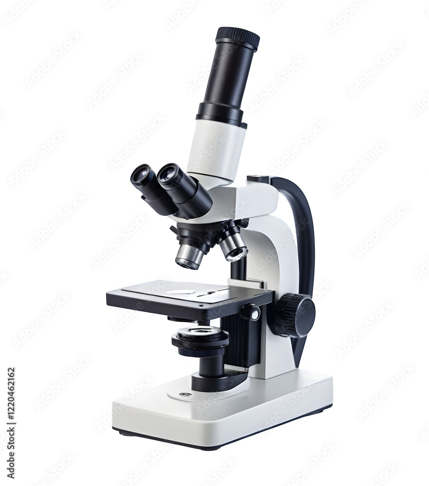 A tiny microscope sitting alone against a white backdrop. A tiny microscope sitting alone against a white backdrop.