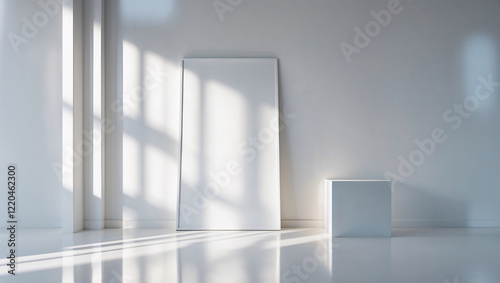 GeneratedMinimal white canvas and cube in bright room with shadows image