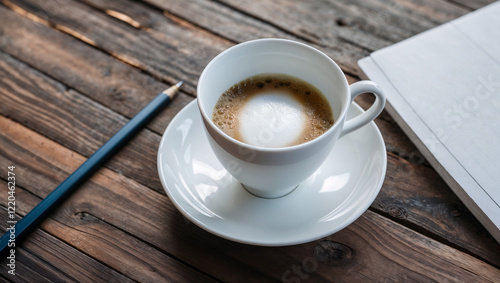 Cup of coffee with pencil and notebook on rustic wooden table