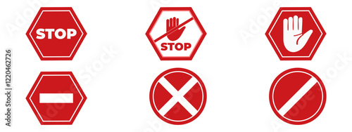 Set Stop Sign with White hand. Traffic sign collection, warning icon of a forbidden sign not allowed. vector illustration.