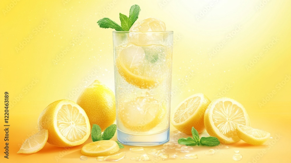 Refreshing Lemonade with Mint in Bright Yellow Background Refreshing Lemonade with Mint in Bright Yellow Background