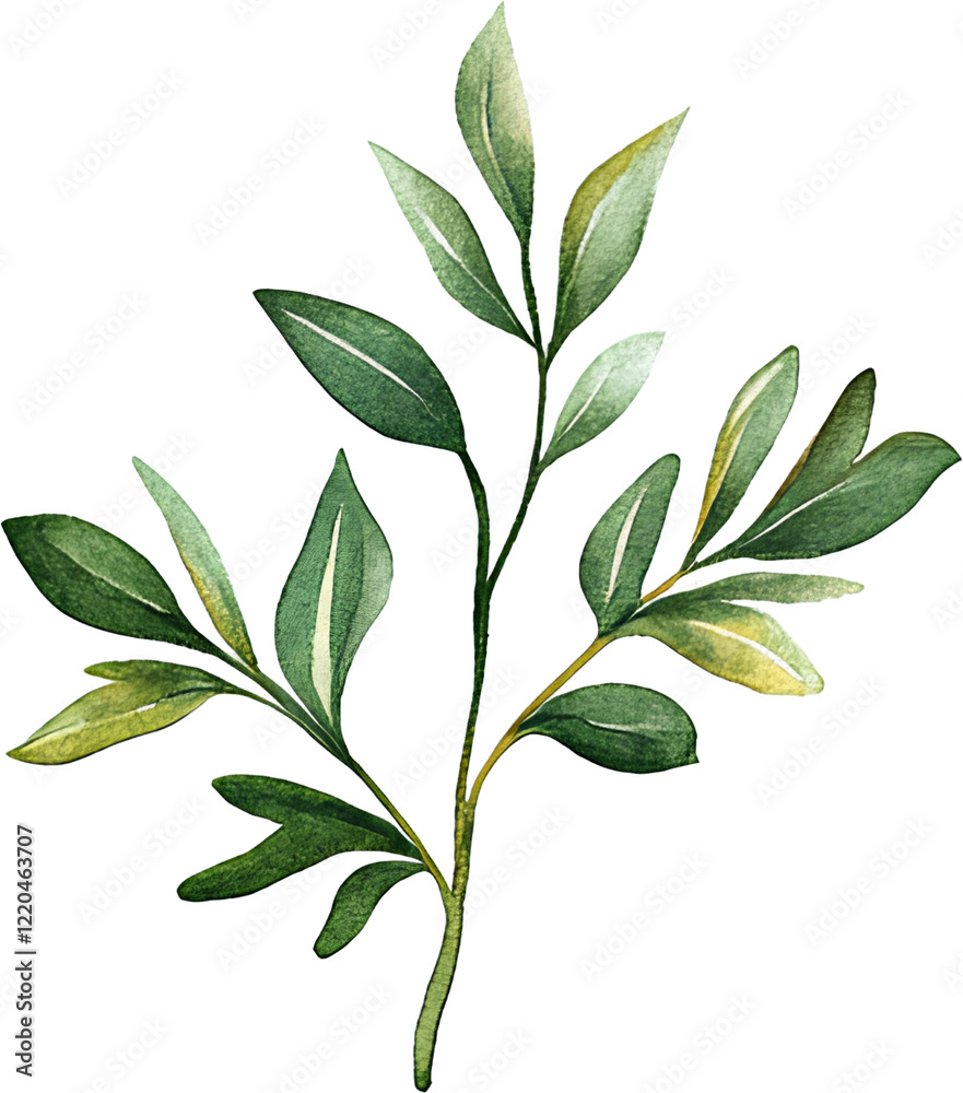 Watercolor Green Leafy Branch