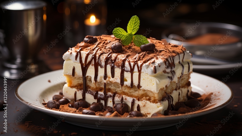 Delicious chocolate cake with cream and chocolate on a white plate Delicious chocolate cake with cream and chocolate on a white plate