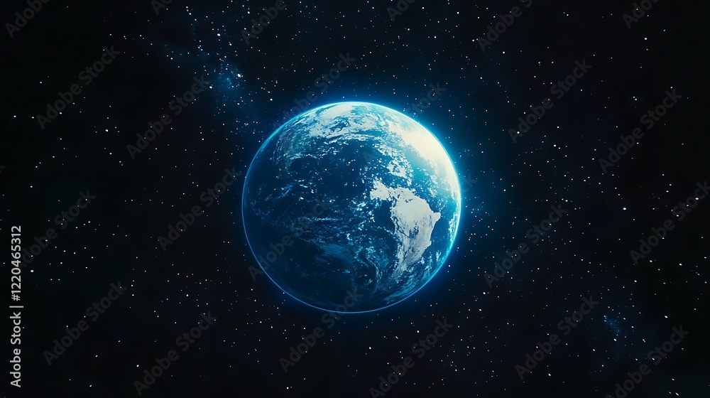 A blue glowing light shines down on the Earth A blue glowing light shines down on the Earth