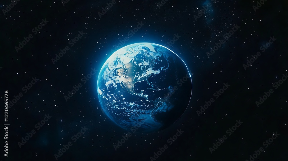 Fototapeta premium A blue glowing light shines down on the Earth