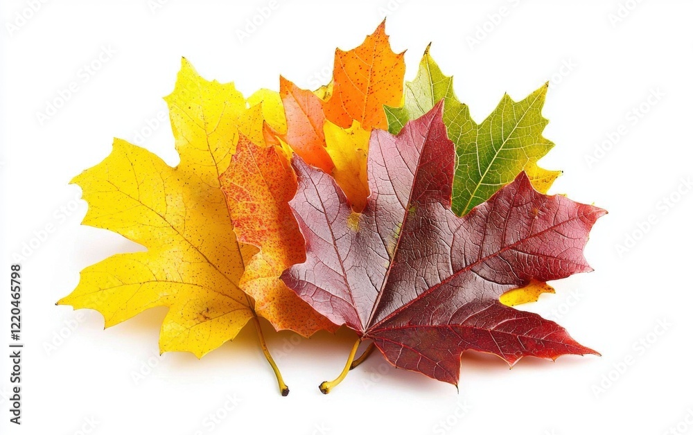 A collection of colorful autumn leaves arranged against a clean white background. A collection of colorful autumn leaves arranged against a clean white background.
