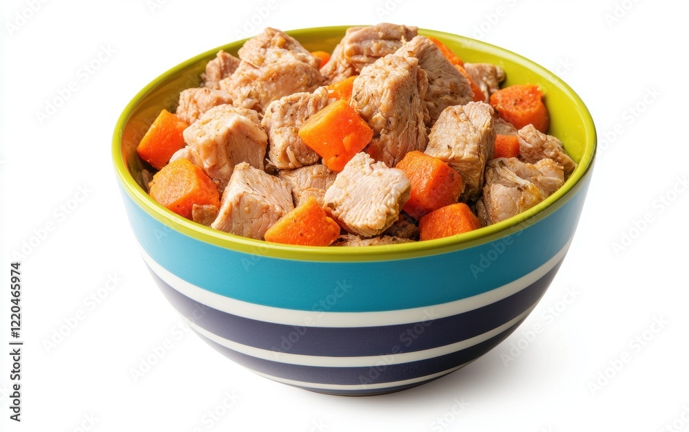 A colorful bowl of dog food featuring kibble mixed with fresh chicken pieces and carrots, isolated on a bright white background A colorful bowl of dog food featuring kibble mixed with fresh chicken pieces and carrots, isolated on a bright white background