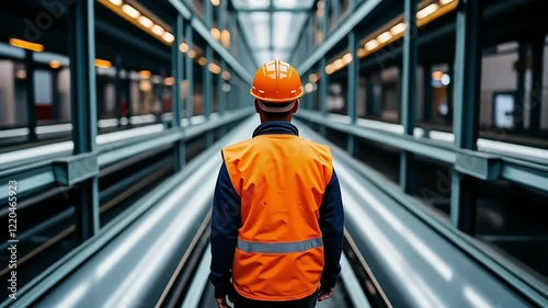 Wallpaper Mural A back view of a worker in an orange reflective jacket and safety helmet inside a steel factory, surrounded by metal sheets and industrial machinery Torontodigital.ca