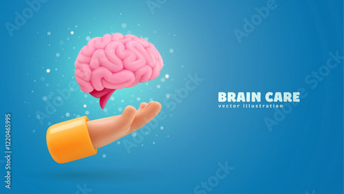 Human brain care. Mental health, wellness, emotional and cognitive balance. 3d hand holding human brain on blue background. Vector illustration.
