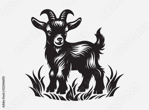 Adorable Baby Goat on Grass Background with Beautiful Green Landscape