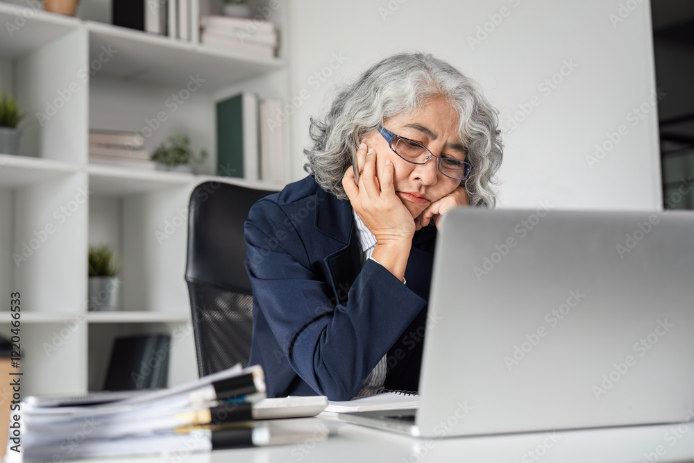 Tired elderly businesswoman feeling stressed while working on her laptop in a modern office Tired elderly businesswoman feeling stressed while working on her laptop in a modern office