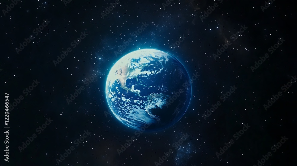A blue glowing light shines down on the Earth A blue glowing light shines down on the Earth